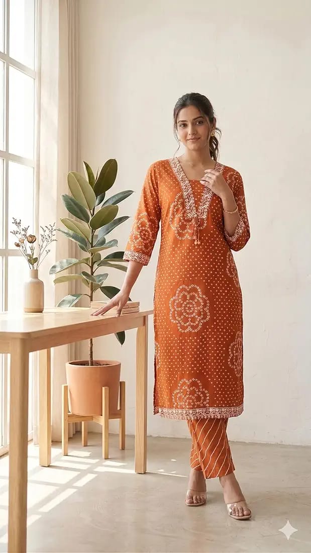 Rust Orange Printed Muslin Kurta and Pant Set with Dupatta