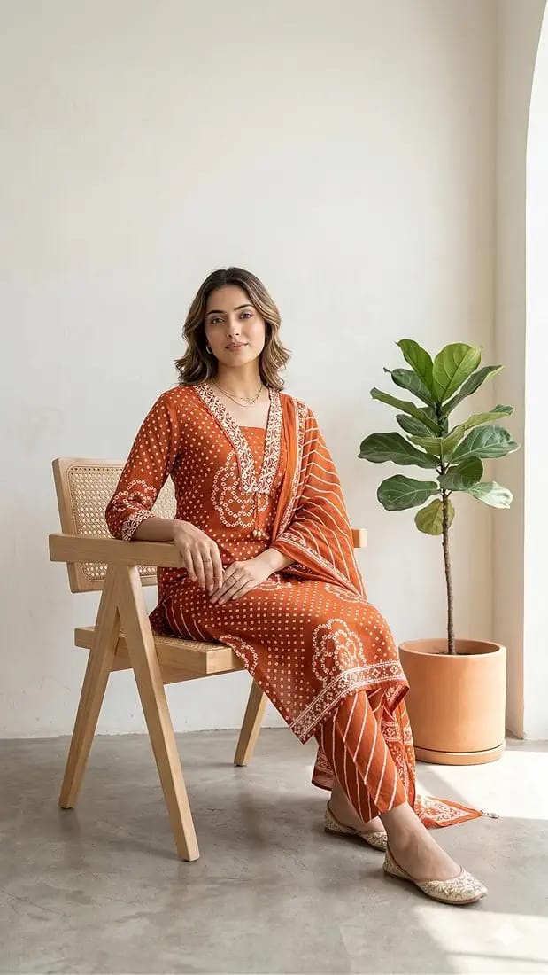 Rust Orange Printed Muslin Kurta and Pant Set with Dupatta