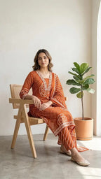 Rust Orange Printed Muslin Kurta and Pant Set with Dupatta