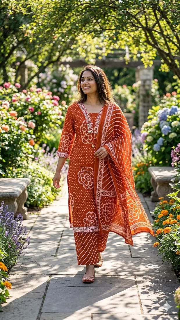 Rust Orange Printed Muslin Kurta and Pant Set with Dupatta