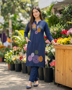Navy Blue Embroidered Chanderi Silk Kurta and Pant Set
