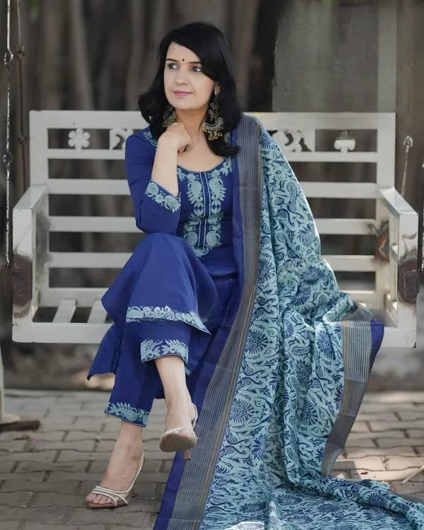 Lapis Blue Embroidered Cotton Suit Set with Dupatta