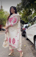 White Embroidered Cotton Kurta and Pant Set with Dupatta