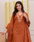 Rust Orange Embroidered Cotton Kurta and Pant Set with Dupatta
